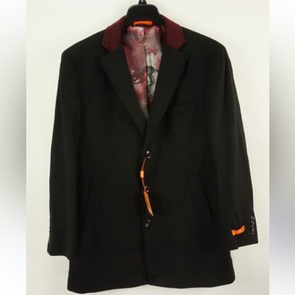 Tallia Men's Velutti Overcoat Solid Black Wool Blend Contrasting Collar NWT $498